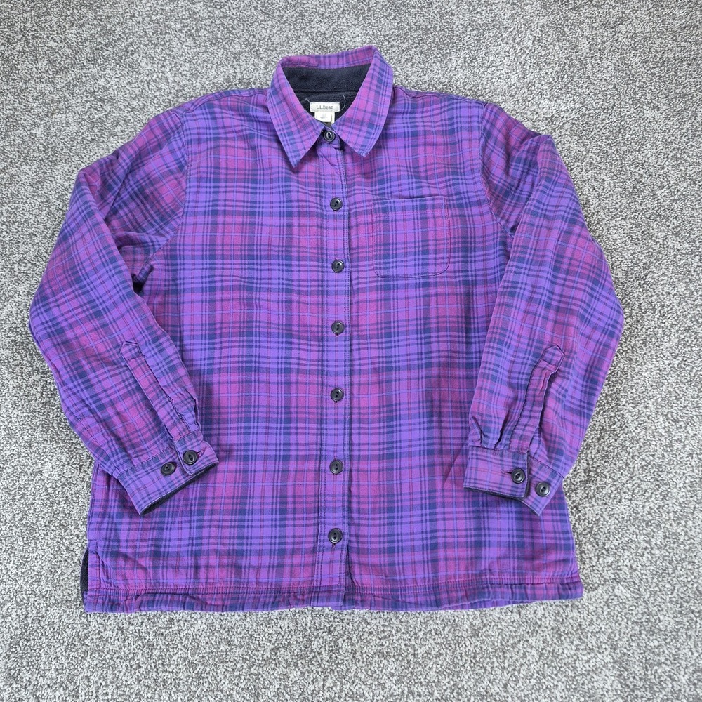 L.L.Bean Fleece Lined Flannel Shirt Women's XS Purple Plaid Button Down Shacket - Picture 3 of 7